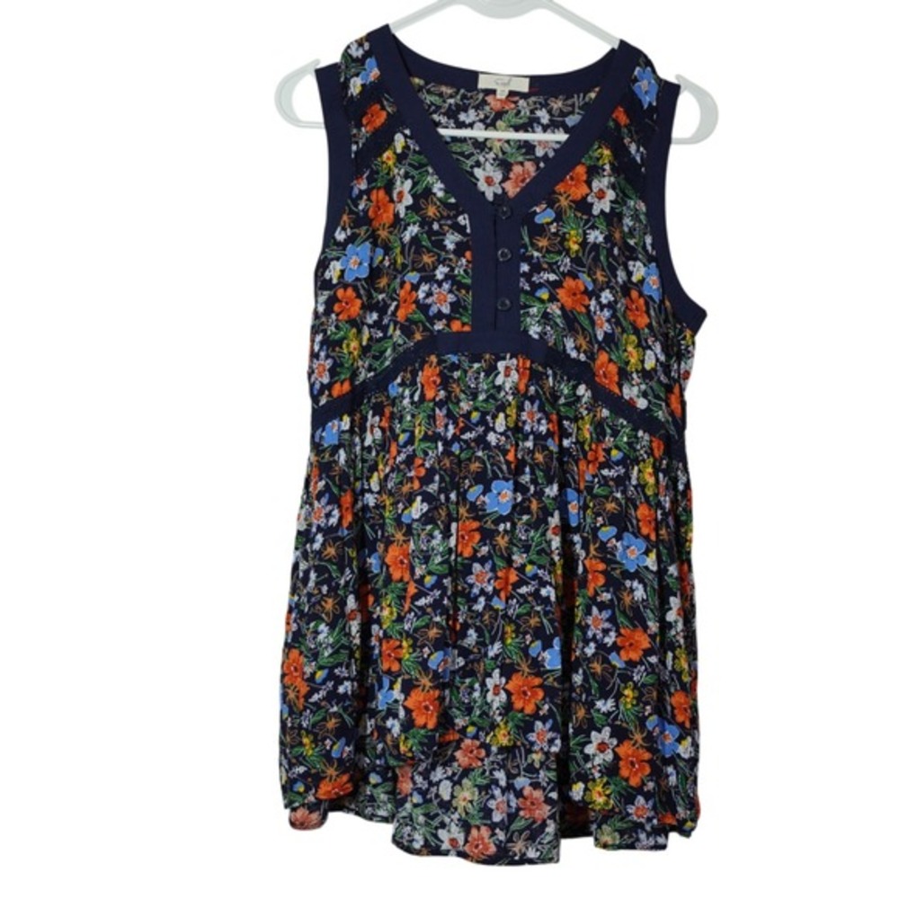Easel Medium Navy‎ Floral Sleeveless Babydoll Tunic Top Boho Lace Trim Pockets
